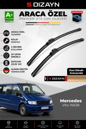 S-Dizayn Mercedes Vito W638 Ön Cam Silecek Seti 1996-2003 Premium Araca Özel 65-55 Cm A+ Kalite Aocs