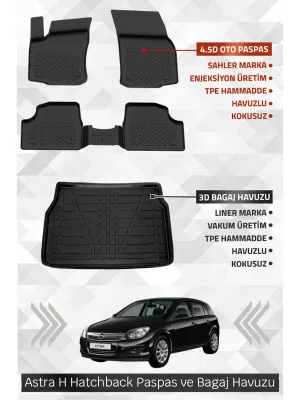 Sahler Opel Astra H Hatchback Uyumlu 4.5D Premium Havuzlu Oto Paspas Ve Liner Marka 3D Bagaj Havuzu