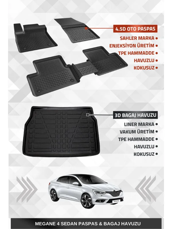 Sahler Renault Megane 4 Sedan 2016+ Uyumlu 4.5D Premium Havuzlu Oto Paspas ve Liner Marka 3D Kulaklı Bagaj Havuzu