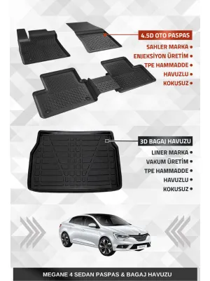 Sahler Renault Megane 4 Sedan 2016+ Uyumlu 4.5D Premium Havuzlu Oto Paspas Ve Liner Marka 3D Kulaklı Bagaj Havuzu