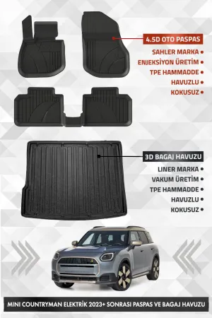 Mini Countryman 2024 Ve Sonrası Uyumlu 4.5D Pro Premium Havuzlu Oto Paspas Ve Liner Bagaj Havuzu Set