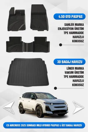 Citroen C5 Aircross Mild Hybrid 2025+ Uyumlu 4.5D Sahler Premium Havuzlu Paspas Ve Liner Marka Üst Bagaj Havuzu