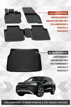 Volkswagen Tayron 2024 Sonrası Sahler 4.5D Premium Havuzlu Paspas Ve Liner Üst Bagaj Havuzu 5 Koltuk