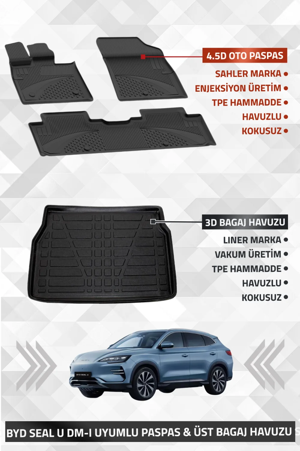 BYD Seal U Dm-i 2024+ Uyumlu LİNER Marka 3D Kulaksız ÜST Bagaj Havuzu + SAHLER 4.5D Oto Paspas