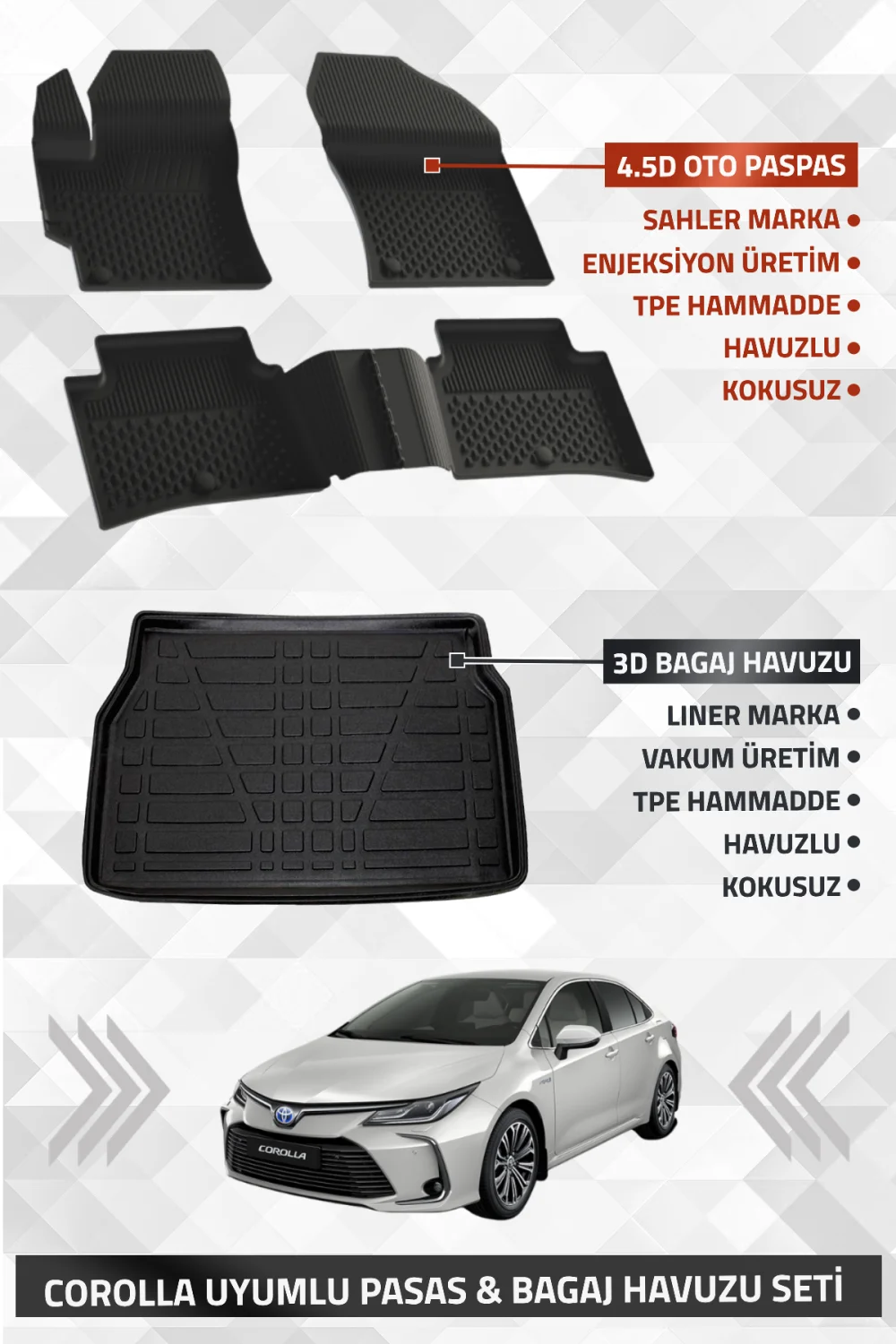Toyota Corolla Sedan 2019-2025 Uyumlu LİNER Marka 3D Bagaj Havuzu + SAHLER 4.5D Havuzlu Oto Paspas