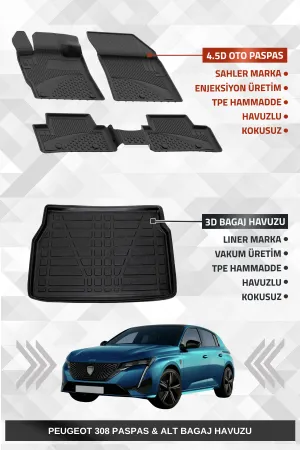 Sahler Peugeot 308 2022+ Uyumlu 4.5D Premium Havuzlu Oto Paspas ve Liner Marka 3D Bagaj Havuzu