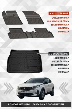 Drs Tuning Sahler Peugeot 3008 2016-2024 Uyumlu 4.5D Premium Havuzlu Oto Paspas Ve Liner Marka 3D Alt Bagaj Havuzu