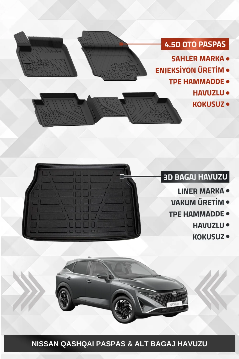 Sahler Qashqai 2022+ Benzinli Uyumlu 4.5D Premium Havuzlu Oto Paspas ve Liner Marka 3D ALT Bagaj Havuzu