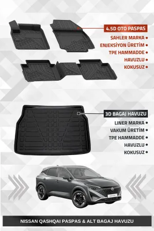 Sahler Qashqai 2022+ Benzinli Uyumlu 4.5D Premium Havuzlu Oto Paspas Ve Liner Marka 3D Alt Bagaj Havuzu