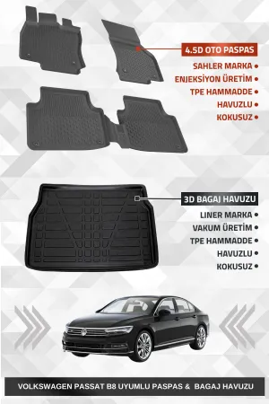Drs Tuning Sahler Passat B8 2015-2023 Uyumlu 4.5D Premium Havuzlu Oto Paspas Ve Liner Marka 3D Bagaj Havuzu