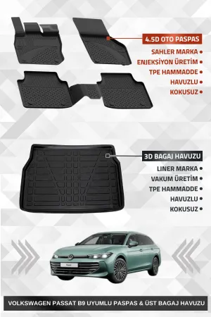 Drs Tuning Passat Variant B9 2024+ Uyumlu 4.5D Sahler Premium Paspas + Liner Marka 3D Üst Bagaj Havuzu - Passat Variant B9