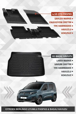 Sahler Citroen Berlingo 2019+ Uyumlu 4.5D Premium Havuzlu Oto Paspas Ve Liner Marka 3D Bagaj Havuzu