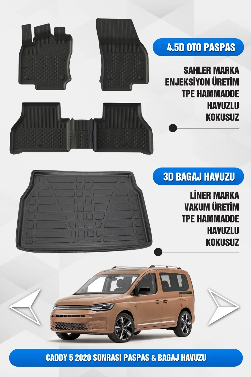 Drs Tuning Caddy 2020 ve Sonrası Uyumlu 4.5D Premium Havuzlu Oto Paspas ve Liner Bagaj Havuzu