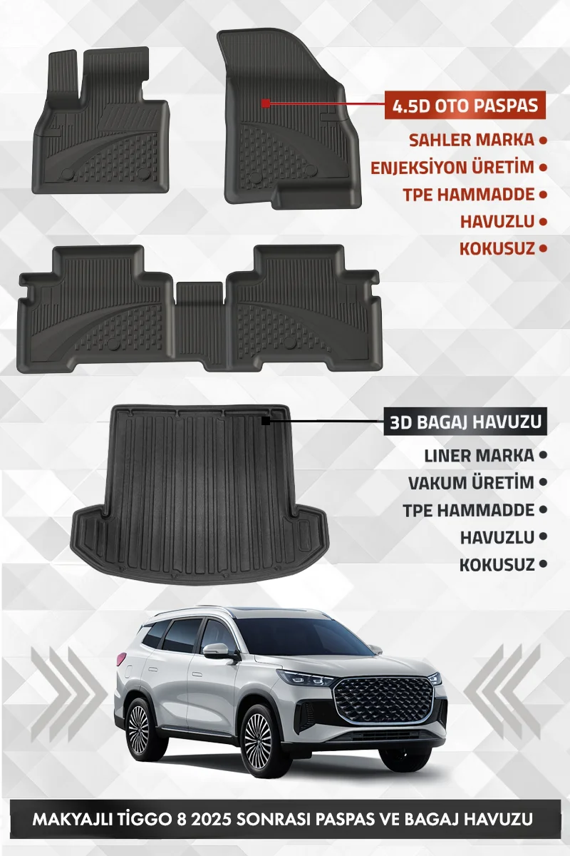 Chery Tiggo 8 Makyajlı 2025 ve Sonrası Uyumlu 4.5D Premium Havuzlu Oto Paspas ve Liner Bagaj Havuzu