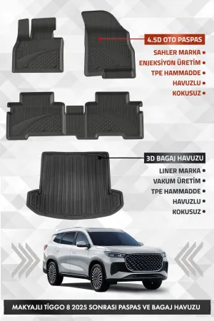 Chery Tiggo 8 Makyajlı 2025 Ve Sonrası Uyumlu 4.5D Premium Havuzlu Oto Paspas Ve Liner Bagaj Havuzu