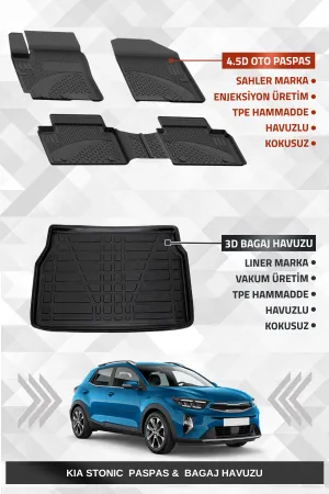 Sahler Kia Stonic 2017-2021(Eski̇ Logolu) Uyumlu 4.5D Premium Havuzlu Oto Paspas Ve Liner Marka 3D Bagaj Havuzu