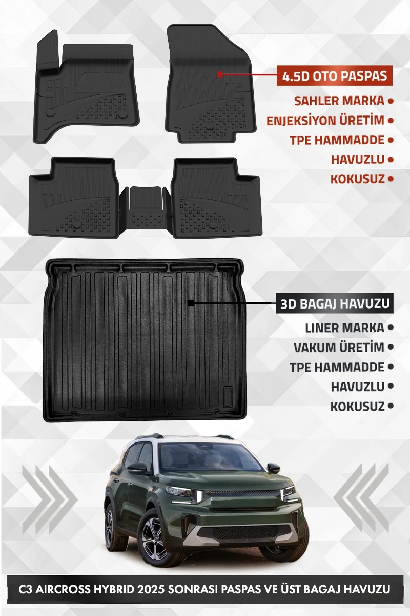 Citroen C3 Aircross Hybrid 2025 ve Sonrası Uyumlu 4.5D Premium Havuzlu Oto paspas ve Liner ÜST Bagaj