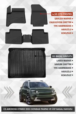 Citroen C3 Aircross Hybrid 2025 Ve Sonrası Uyumlu 4.5D Premium Havuzlu Oto Paspas Ve Liner Üst Bagaj