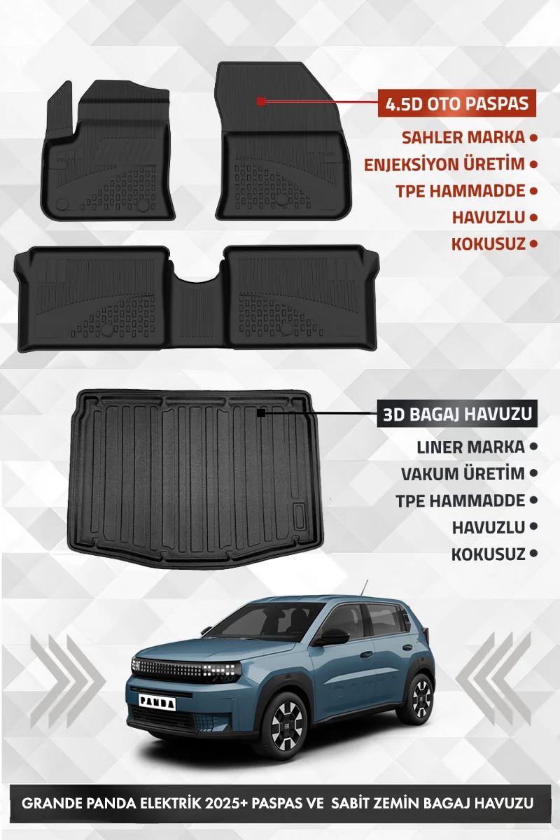 Fiat Grande Panda Elektrikli 2025+ Uyumlu 4.5D Premium Havuzlu Paspas ve Liner Marka Bagaj Havuzu