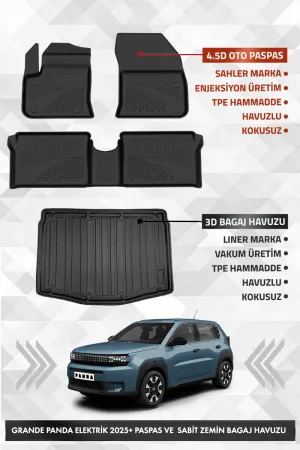 Fiat Grande Panda Elektrikli 2025+ Uyumlu 4.5D Premium Havuzlu Paspas Ve Liner Marka Bagaj Havuzu