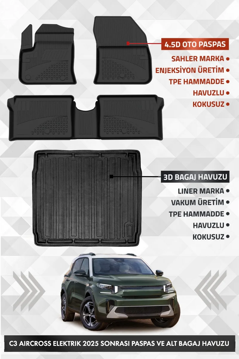 Citroen C3 Aircross Elektrikli 2025 Sonrası Uyumlu 4.5D Premium Havuzlu Paspas ve Liner ALT Bagaj