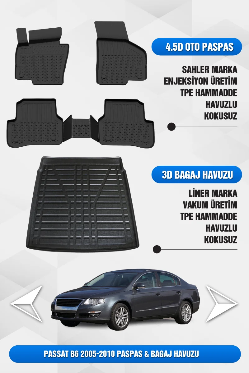 Drs Tuning Passat B6 2005-2010 Uyumlu 4.5D Premium Havuzlu Oto Paspas ve Liner Bagaj Havuzu