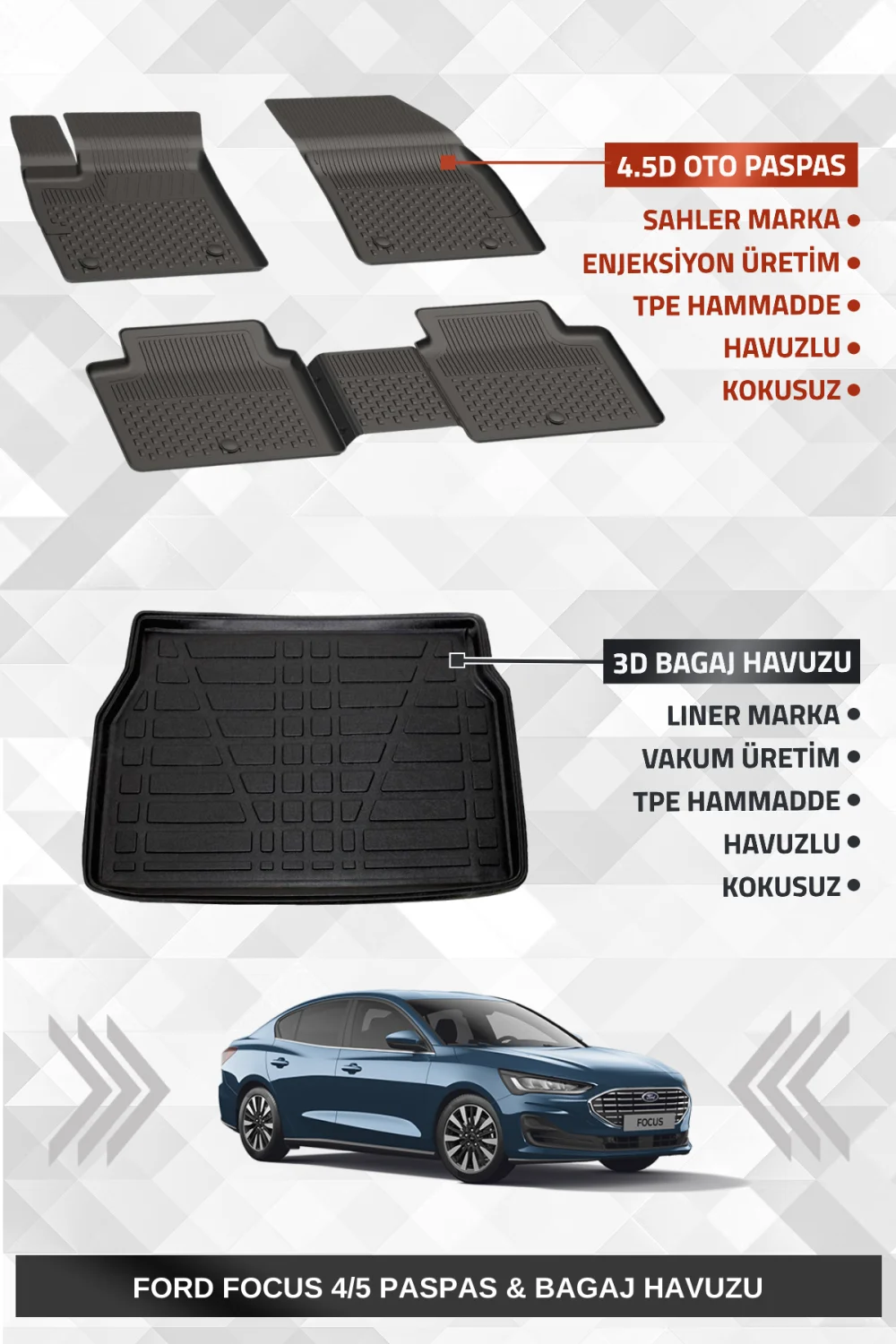 Sahler Focus 4/5 2019+ Sedan Uyumlu 4.5d Premium Havuzlu Paspas ve Liner Marka 3D Bagaj Havuzu