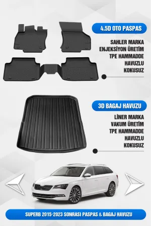 Sahler Skoda Superb 2015-2023 Uyumlu 4.5D Premium Havuzlu Oto Paspas Ve Liner Marka 3D Bagaj Havuzu
