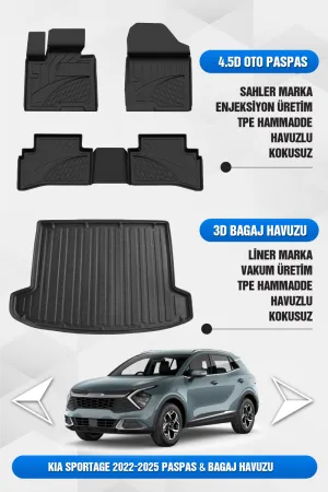Kia Sportage 2022-2026 Uyumlu Sahler 4.5D Premium Paspas Ve Liner 3D Bagaj Havuzu (Cool-Elegance-Live Paket)