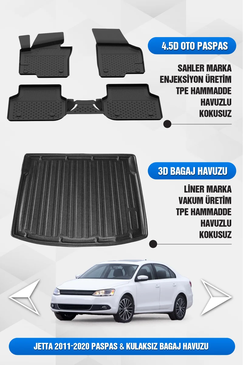 Drs Tuning Jetta 2011-2019 Uyumlu 4.5D Premium Havuzlu Oto Paspas ve Liner KULAKSIZ Bagaj Havuzu