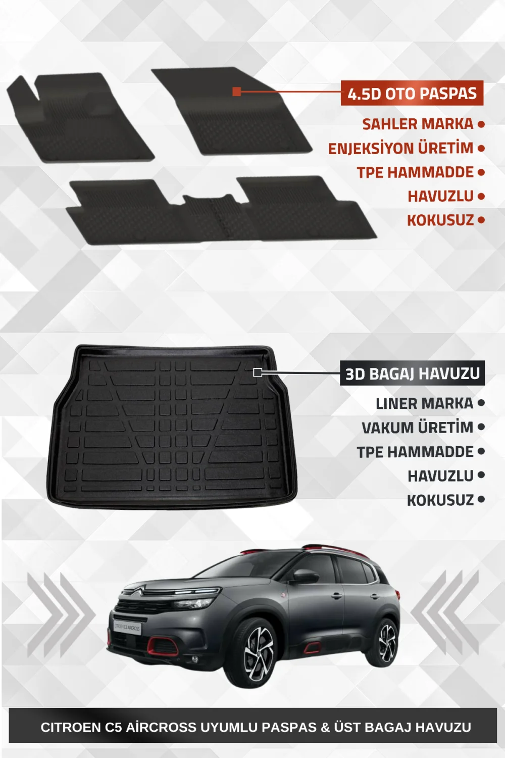 Sahler C5 Aircross 2019-2025 Uyumlu 4.5D Premium Havuzlu Oto Paspas Ve Liner Marka 3D ÜST Bagaj Havuzu