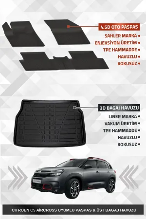 Sahler C5 Aircross 2019-2025 Uyumlu 4.5D Premium Havuzlu Oto Paspas Ve Liner Marka 3D Üst Bagaj Havuzu