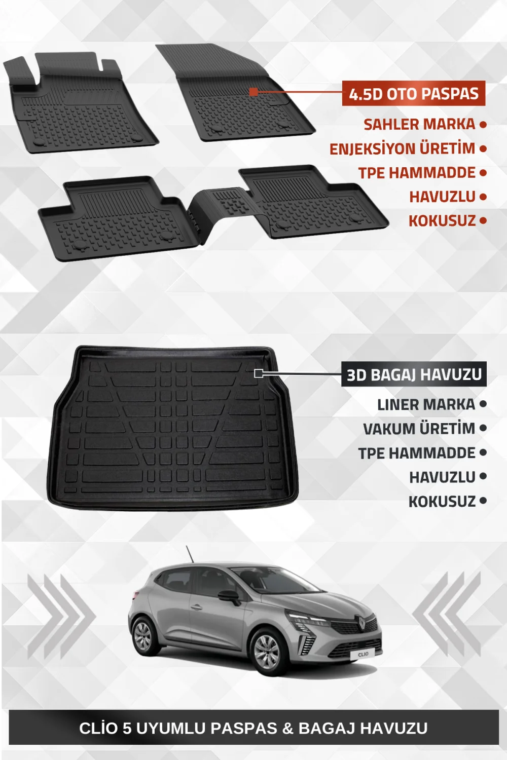 Sahler Renault Clio 5 2020+ Uyumlu 4.5D SAHLER Premium Havuzlu Paspas ve Liner Marka 3D Bagaj Havuzu - Clio