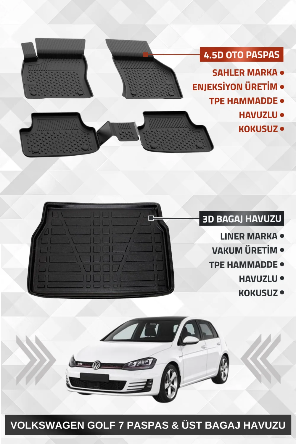 Drs Tuning Sahler Golf 7 2013-2020 Uyumlu 4.5d Premium Havuzlu Paspas ve Liner Marka 3D ÜST Bagaj Havuzu