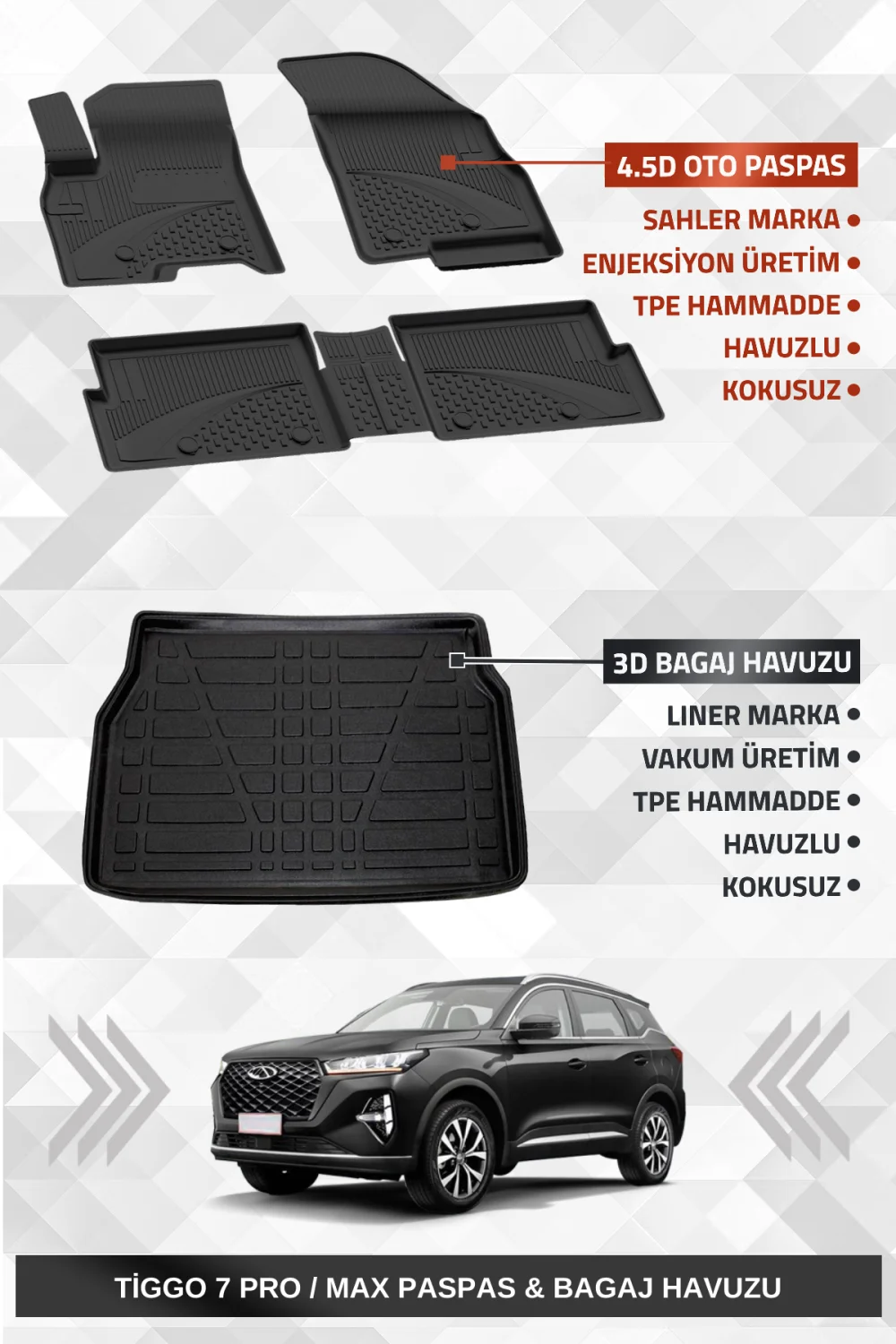 Sahler Chery Tiggo 7 Pro / Max 2022+ Uyumlu 4.5D Premium Havuzlu Paspas ve Liner Marka 3D Bagaj Havuzu