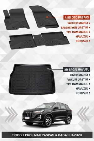 Sahler Chery Tiggo 7 Pro / Max 2022+ Uyumlu 4.5D Premium Havuzlu Paspas Ve Liner Marka 3D Bagaj Havuzu