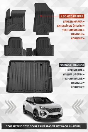 Drs Tuning Peugeot 2008 Hybrid 2025 Ve Sonrası Uyumlu 4.5D Premium Havuzlu Oto Paspas Ve Liner Üst Bagaj Havuzu