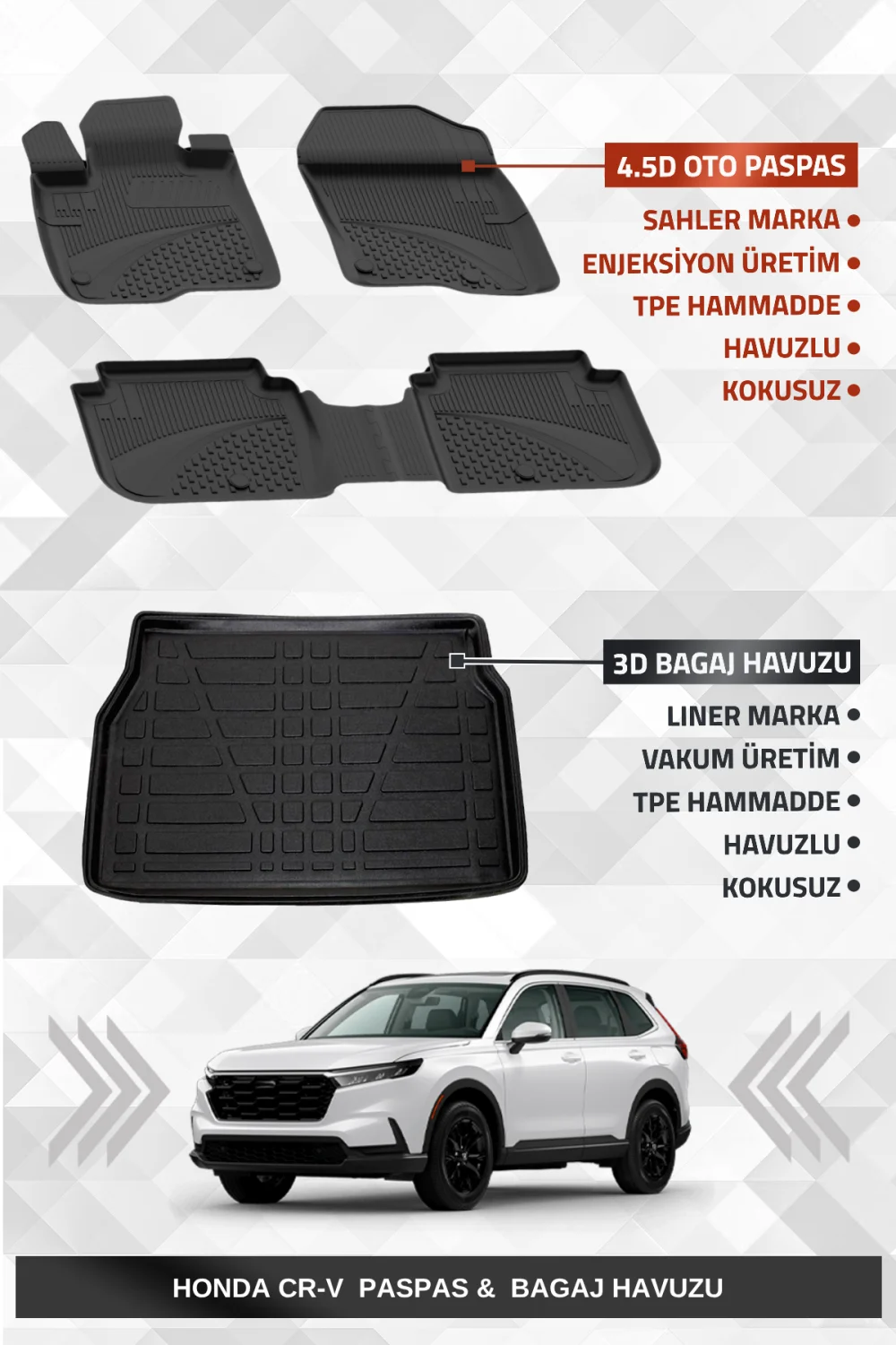 Sahler Honda CR-V 2024+ Uyumlu 4.5D Premium Havuzlu Oto Paspas ve Liner Marka 3D Bagaj Havuzu