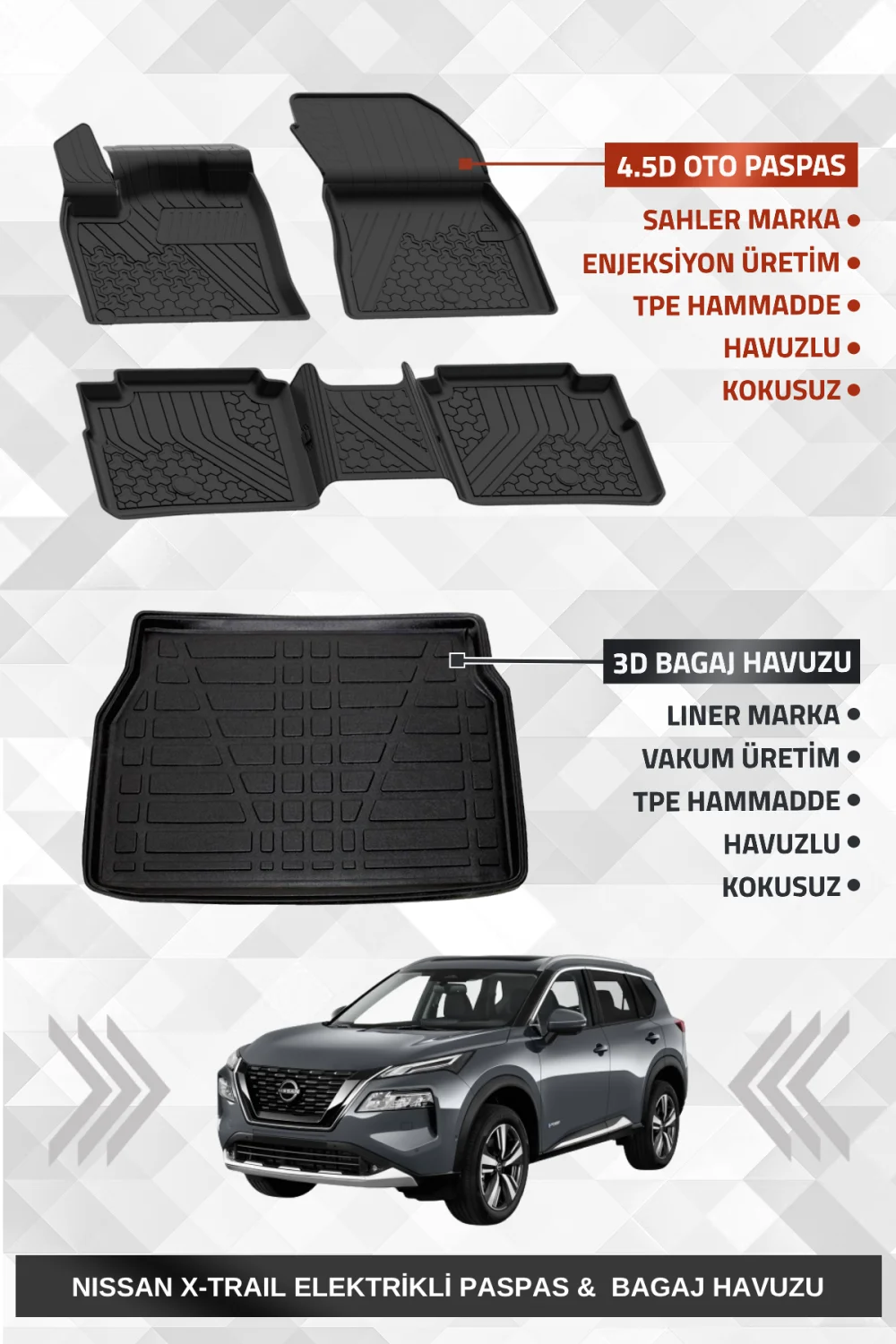 Sahler Nissan X-Trail Elektrikli 2022+ 7 Koltuklu Uyumlu Premium Havuzlu Oto Paspas ve Liner Bagaj Havuzu