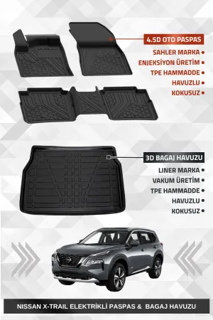 Sahler Nissan X-Trail Elektrikli 2022+ 7 Koltuklu Uyumlu Premium Havuzlu Oto Paspas Ve Liner Bagaj Havuzu
