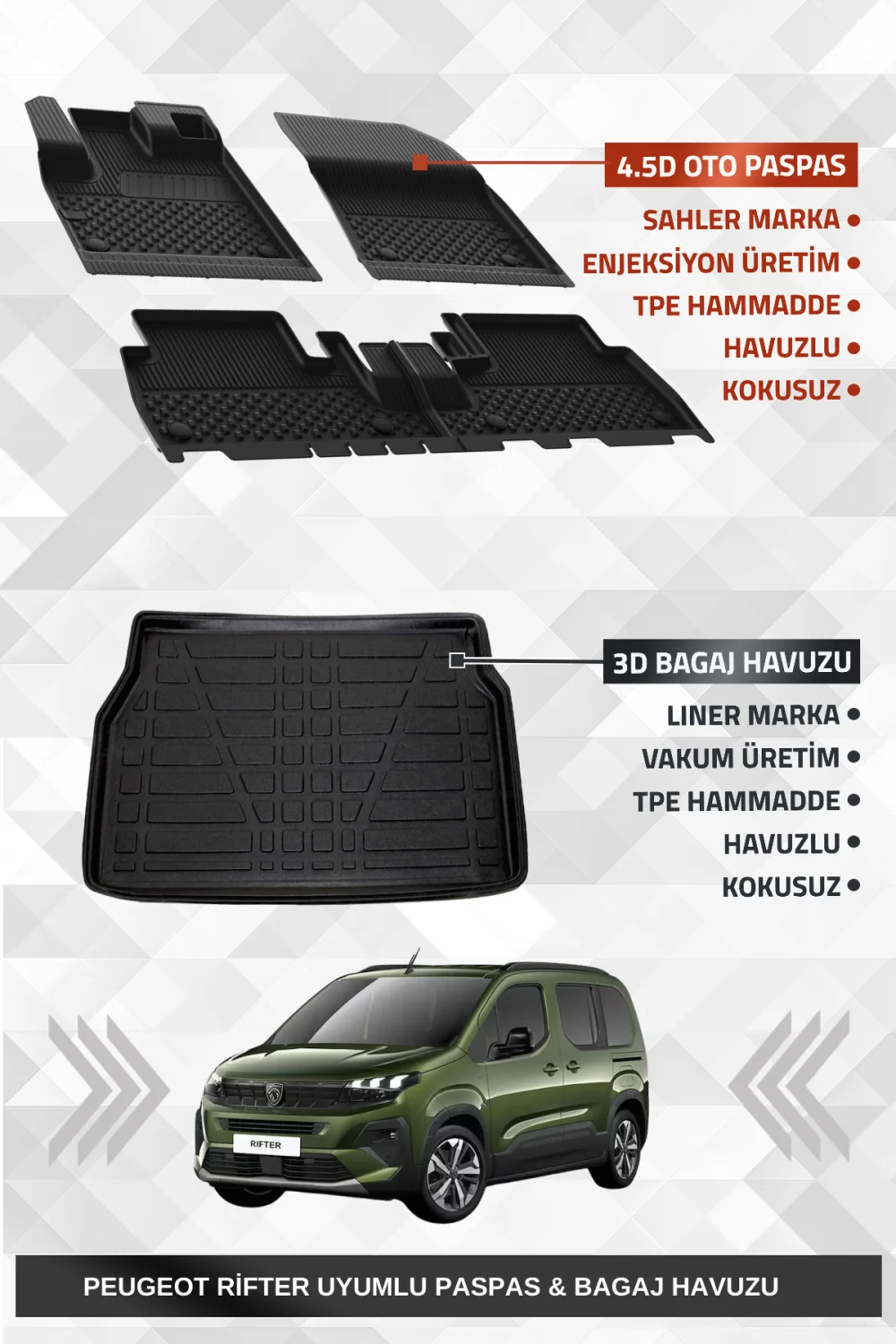 Drs Tuning Sahler Peugeot Rifter 2019+ Uyumlu 4.5D Premium Havuzlu Oto Paspas Ve Liner Marka 3D Bagaj Havuzu