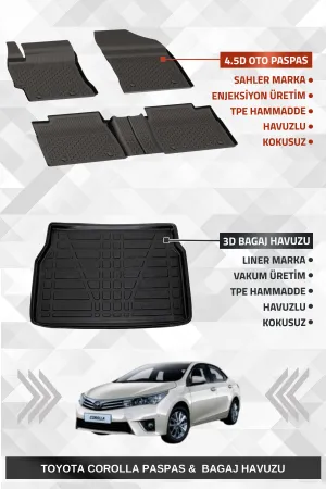 Sahler Toyota Corolla 2013-2018 Uyumlu 4.5D Premium Havuzlu Paspas Ve Liner Marka 3D Bagaj Havuzu