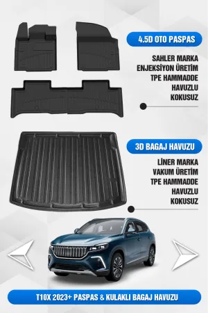 TOGG T10X 2023 Sonrası Uyumlu SAHLER 4.5D PRO Premium Oto Paspas ve LİNER Marka 3D Kulaklı Bagaj Havuzu