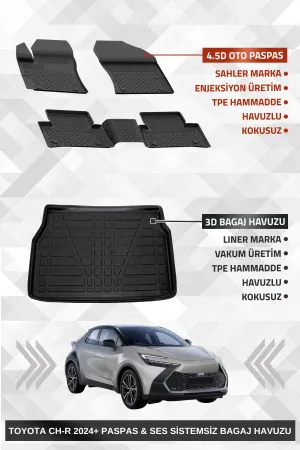 Sahler Toyota C-Hr 2 2023+ Uyumlu 4.5D Premium Havuzlu Oto Paspas Ve Liner Marka 3D Ses Si̇stemsi̇z Bagaj Havuzu