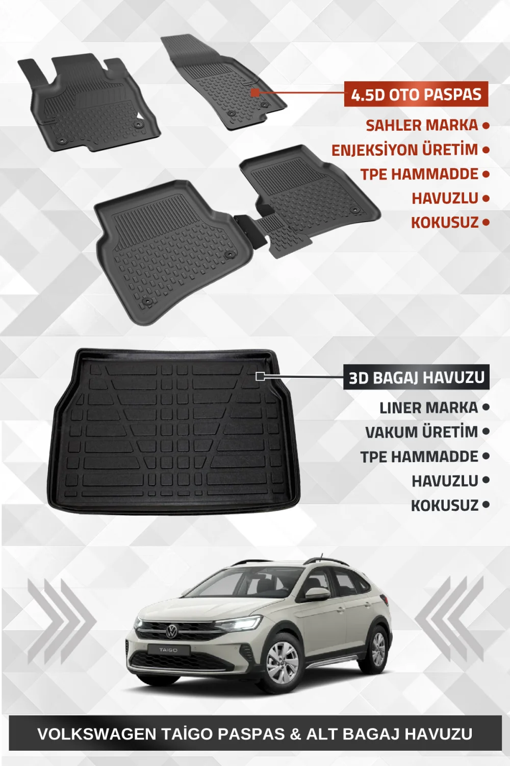 Drs Tuning Sahler Taigo 2021+ Uyumlu 4.5D Premium Havuzlu Paspas ve Liner Marka 3D ALT Bagaj Havuzu
