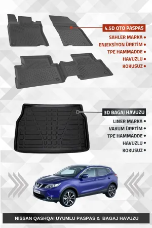 Sahler Nıssan Qashqai Visia 2014-2021 Uyumlu 4.5D Premium Havuzlu Oto Paspas Ve Liner Marka 3D Bagaj Havuzu