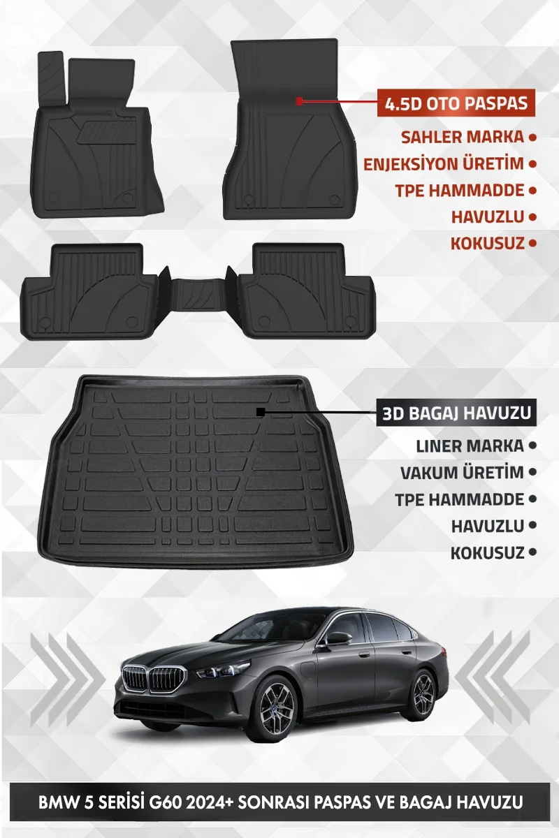 BMW G60 5 Serisi 2024 ve Sonrası Uyumlu 4.5D PRO Premium Havuzlu Oto Paspas ve Liner Bagaj Havuzu
