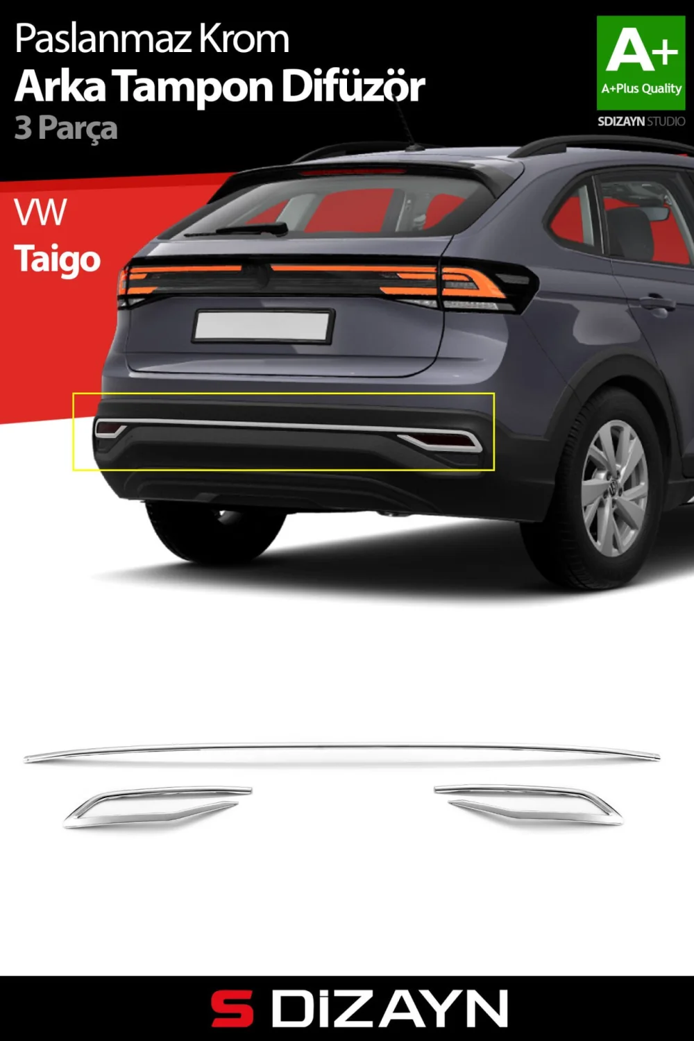 Drs Tuning VW Taigo Krom Arka Tampon Difüzör Çıtası 3 Prç. 2020 Üzeri A+ Kalite