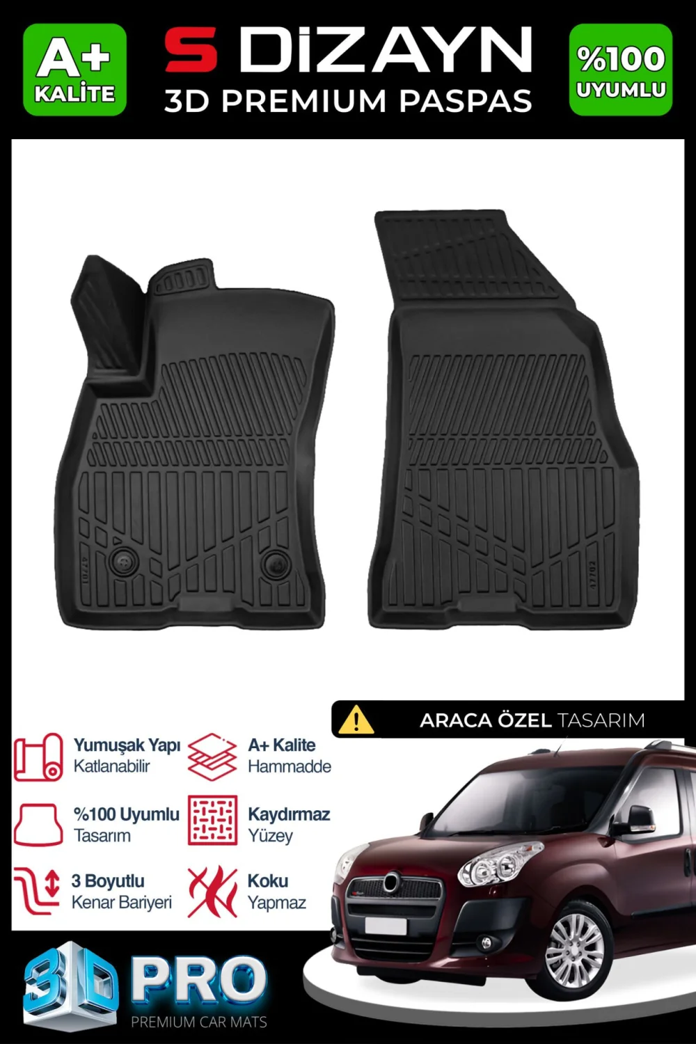 S-Dizayn Fiat Doblo Panelvan 3D Pro Havuzlu Ön 2'li Paspas 2010-2023 A+ Kalite