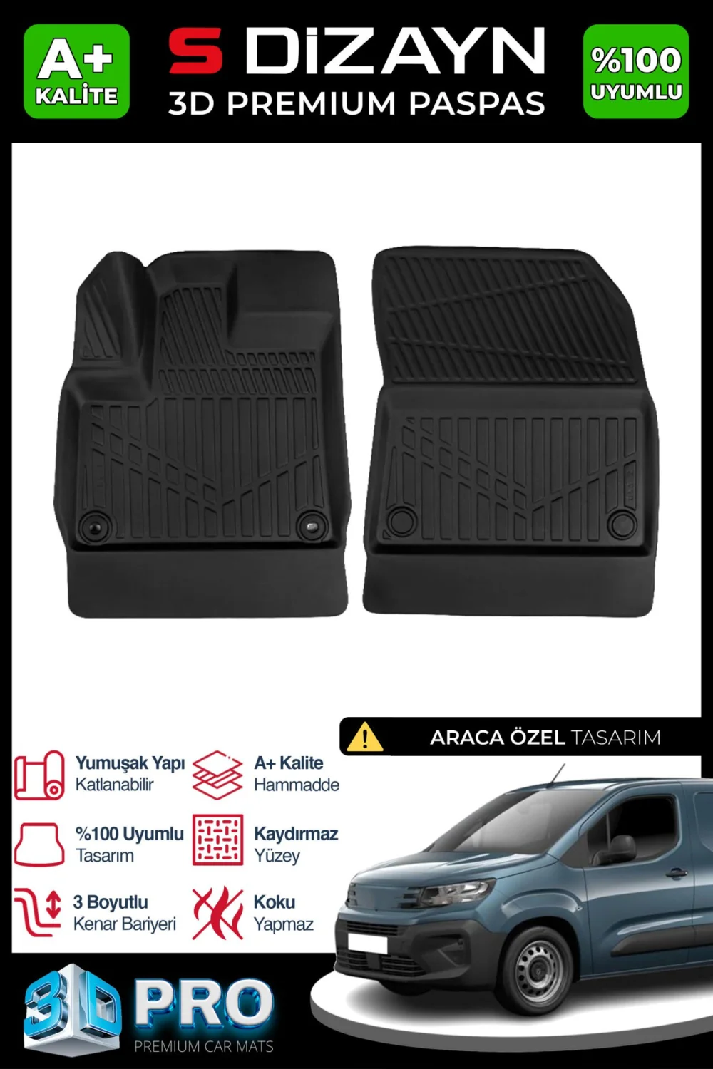 S-Dizayn Peugeot Partner Panelvan 3D Pro Havuzlu Paspas Ön 2'li 2019 Üzeri A+ Kalite